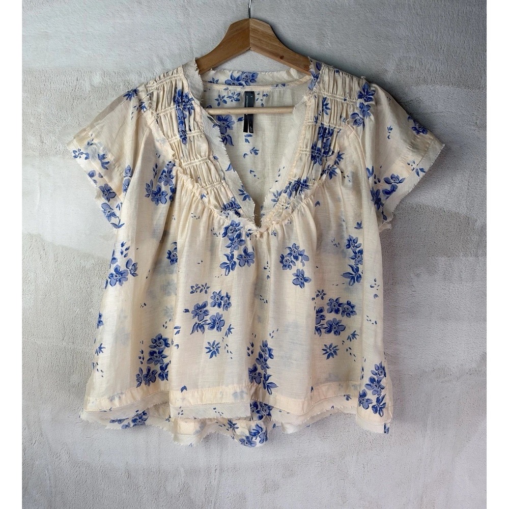 Anthropologie Womens Smocked Yoke Blouse Blue Boho Floral Flowy Small